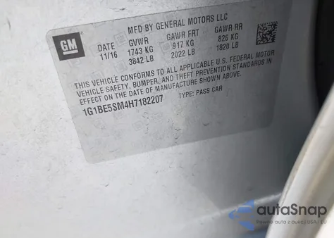 2017 Chevrolet Cruze Lt Auto from USA, damaged, VIN 1G1BE5SM4H7182207